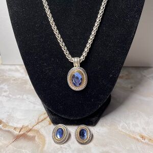 Viking Knit Chain & Oval Pendant Blue Faux Stone Matching Oval Pierced Earrings